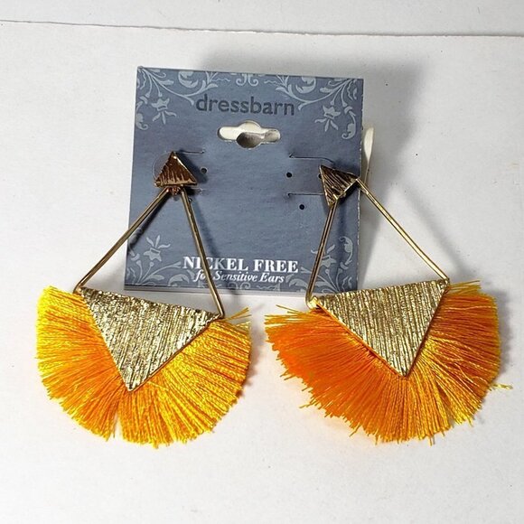 Gold Triangle Yellow Fringed Tassel Post Drop Earrings - 2.5" Women's Jewelry - Picture 3 of 9